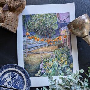 Original Watercolor - Pumpkin Lantern Tree i: Indigo Sky - Painting